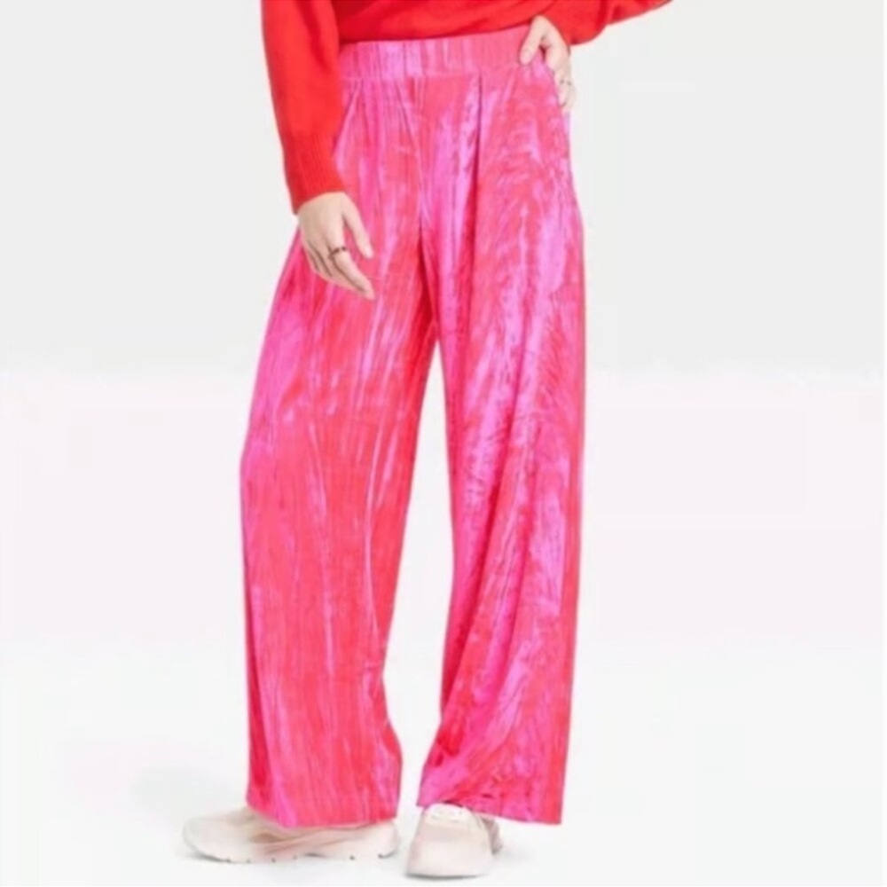 Hot pink crushed velvet wide pants